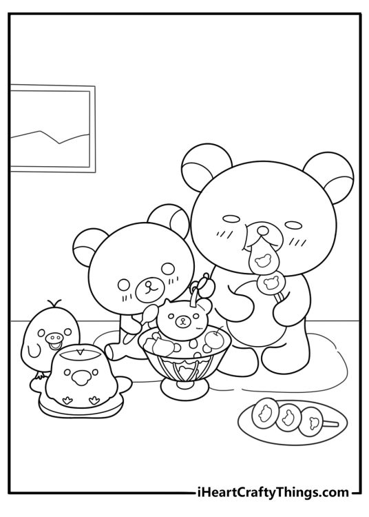 Rilakkuma eating dango with friends cute coloring sheet for kids