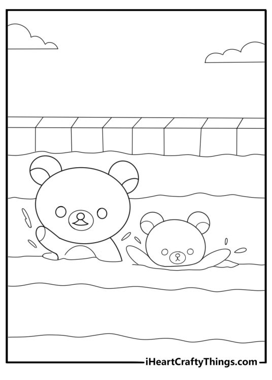 Rilakkuma floating with korilakkuma on pool rings summer coloring page