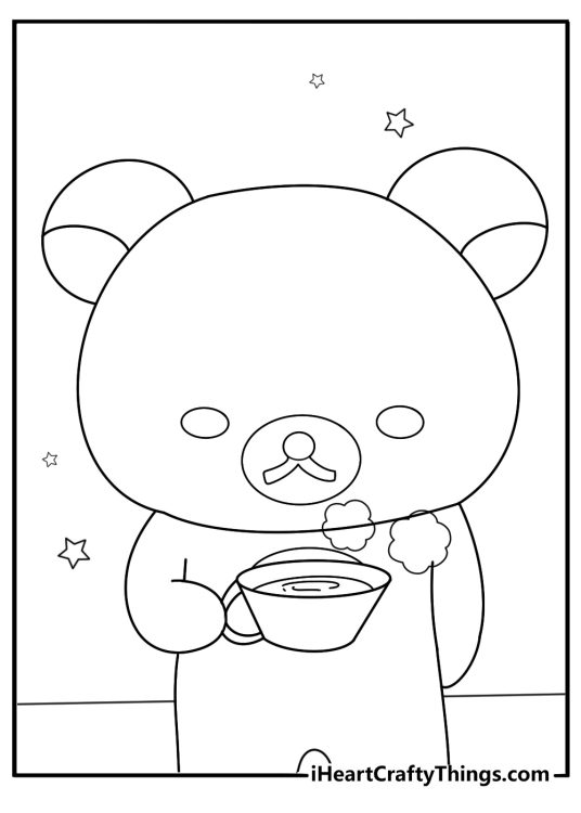Rilakkuma holding a cup of tea cozy coloring page