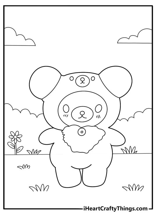 Rilakkuma in a bear costume sitting quietly coloring sheet