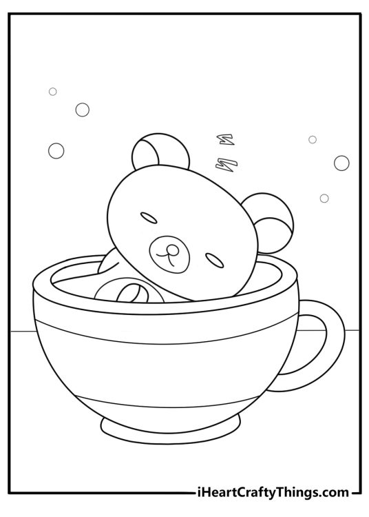 Rilakkuma napping inside a teacup kawaii style coloring page