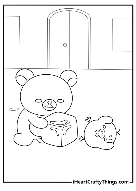 Rilakkuma playing with kiiroitori on the floor fun for kids coloring page