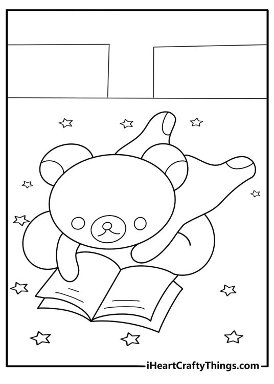 Rilakkuma reading a book in bed quiet time coloring page