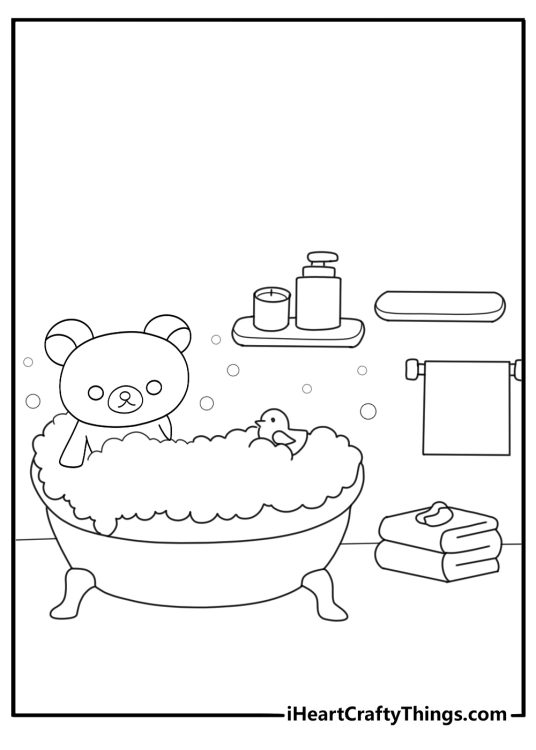 Rilakkuma relaxing in a bubble bath home scene coloring sheet