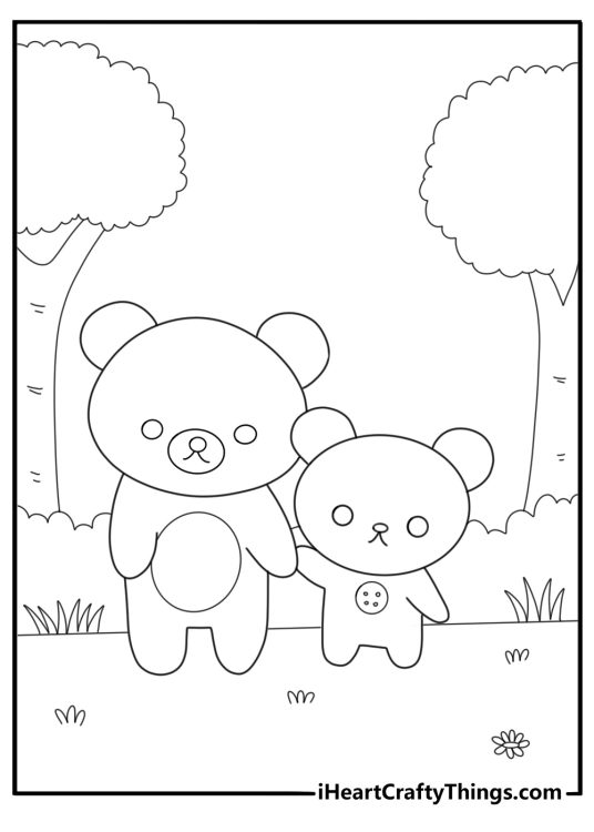 Rilakkuma walking in the forest with korilakkuma nature coloring page