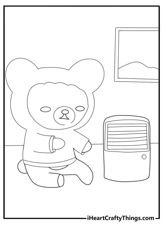 Rilakkuma wearing a hoodie sitting near a heater winter coloring sheet