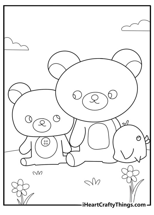Rilakkuma with korilakkuma and kiiroitori fun coloring page