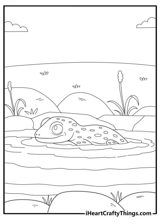 Salamander swimming in clear water coloring page for kids