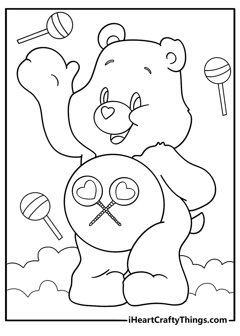 share bear with lollipop belly badge coloring page for kids