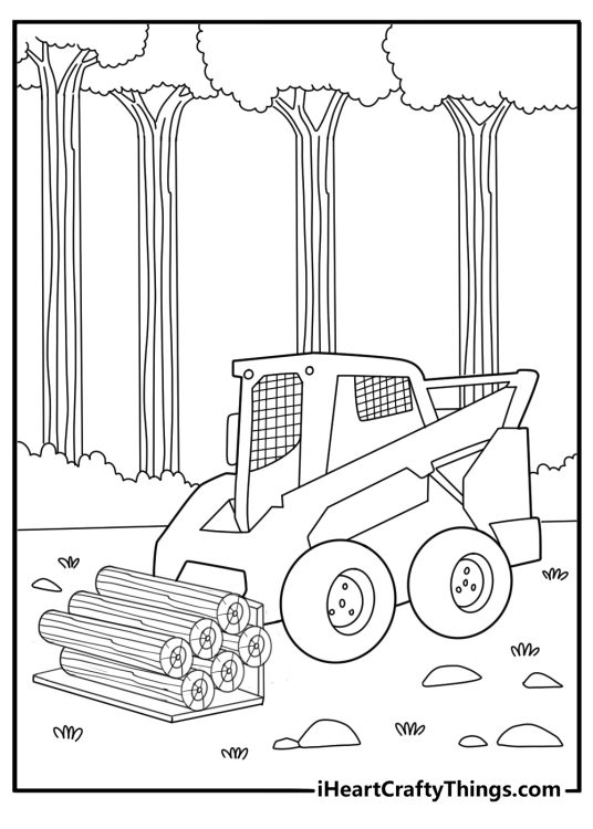 Skid steer carrying logs forestry themed coloring page