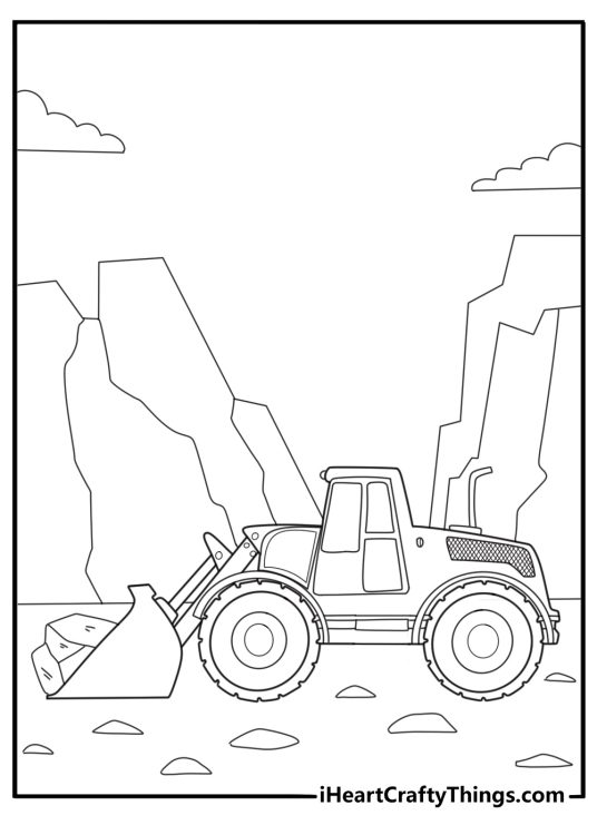 Skid steer in quarry moving rocks coloring sheet