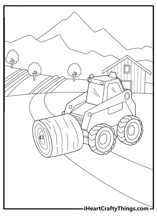 Skid steer on a farm with hay bales coloring page
