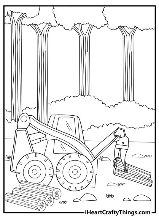 Skid steer with grapple attachment lifting logs coloring page