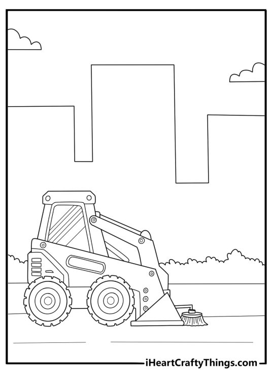 Skid steer with sweeper attachment street cleaning coloring page