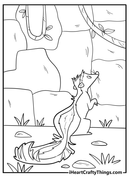 Skunk beside a stone wall with vines coloring sheet