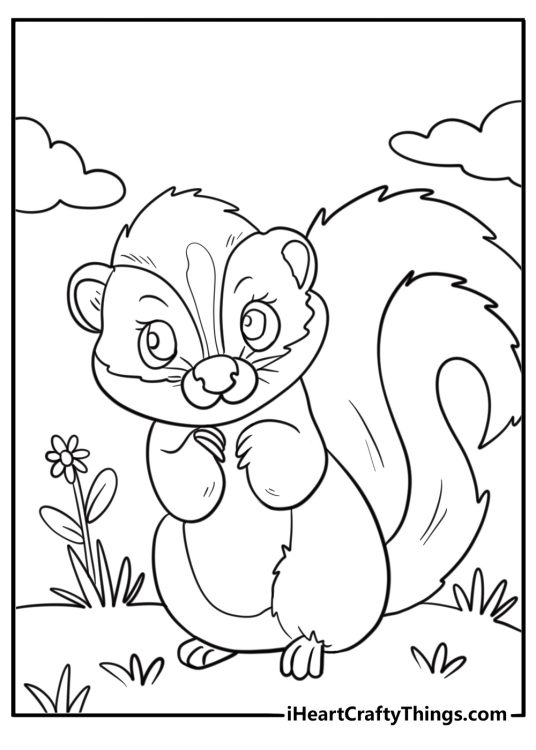 Skunk crossing a dirt path in the woods coloring page for kids