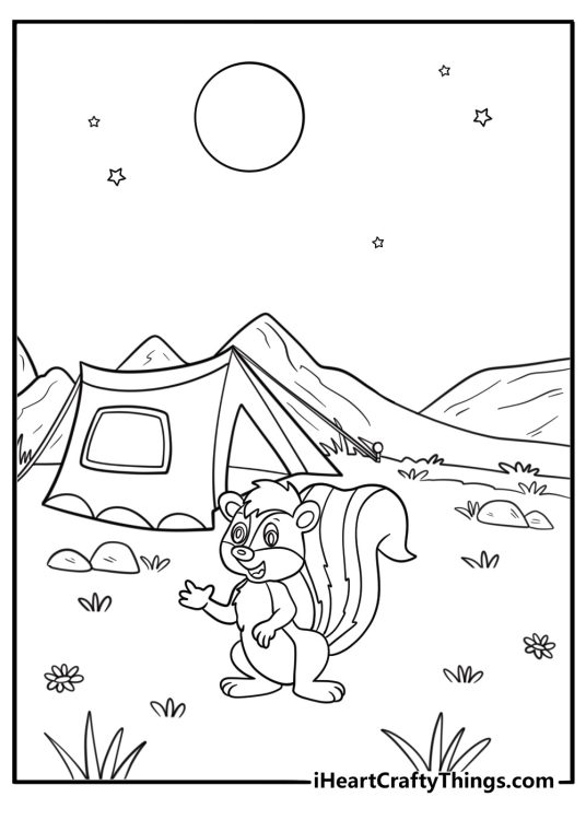 Skunk exploring a campsite cartoon style coloring page