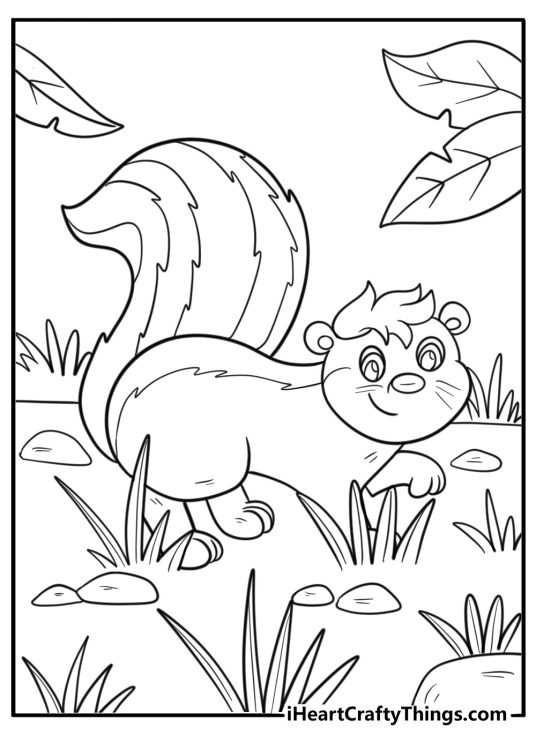 Skunk hiding in tall grass simple forest coloring sheet