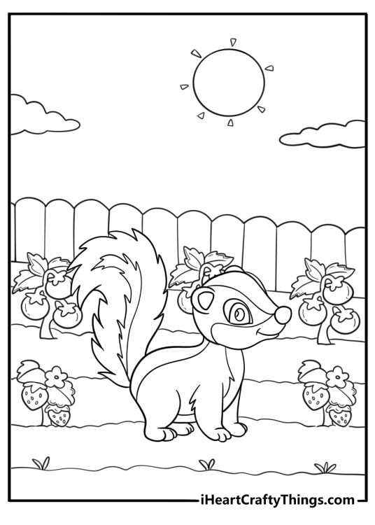 Skunk in a garden next to vegetables coloring sheet