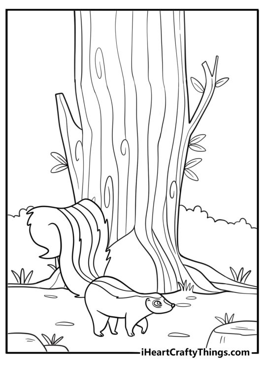 Skunk in front of a hollow tree trunk coloring sheet