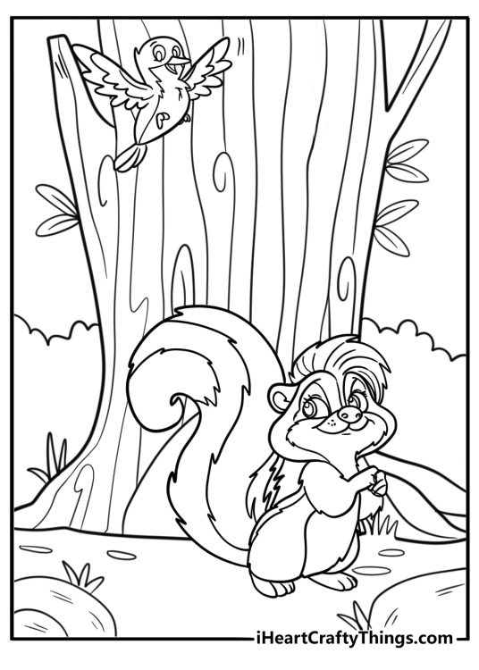 Skunk looking up at birds in the sky coloring page