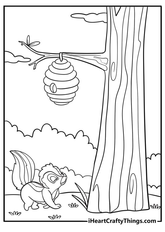 Skunk near a beehive in the forest cartoon coloring sheet