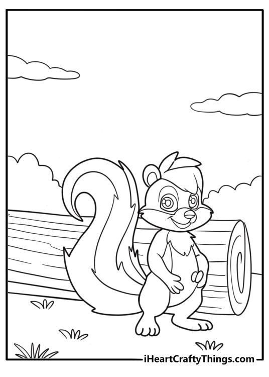 Skunk near a log in the woods easy coloring sheet
