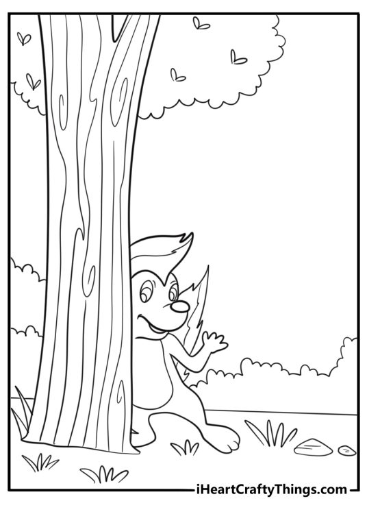 Skunk peeking from behind a bush coloring sheet