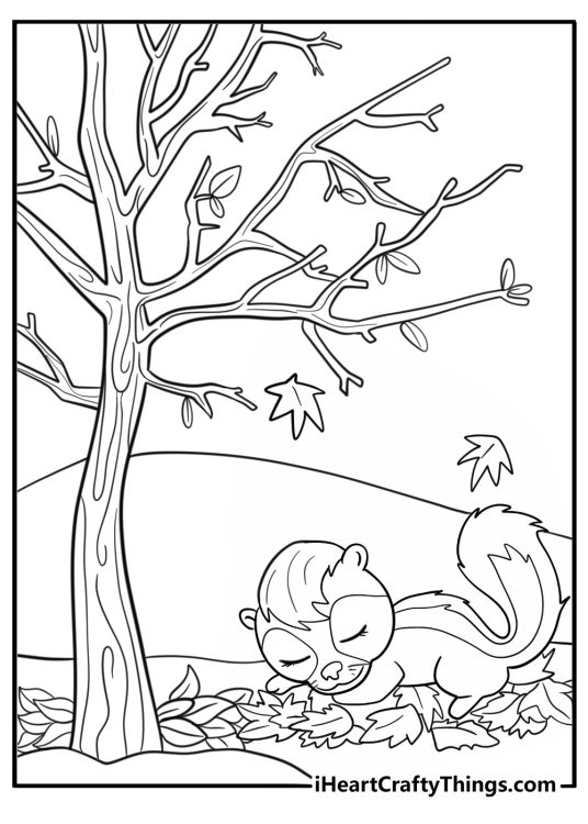 Skunk sleeping in a leaf pile coloring page