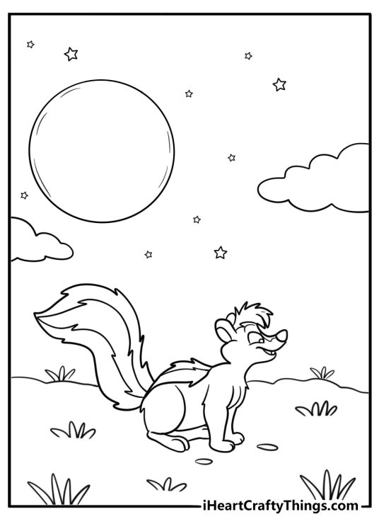 Skunk under a night sky with stars peaceful coloring sheet