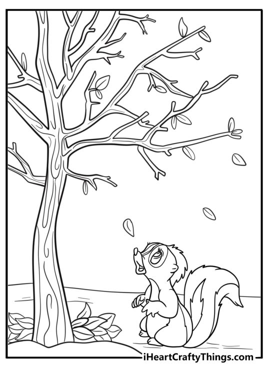 Skunk under a tree during autumn coloring sheet