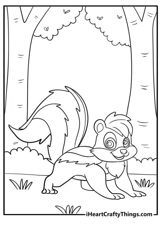 Skunk with fluffy tail raised coloring sheet