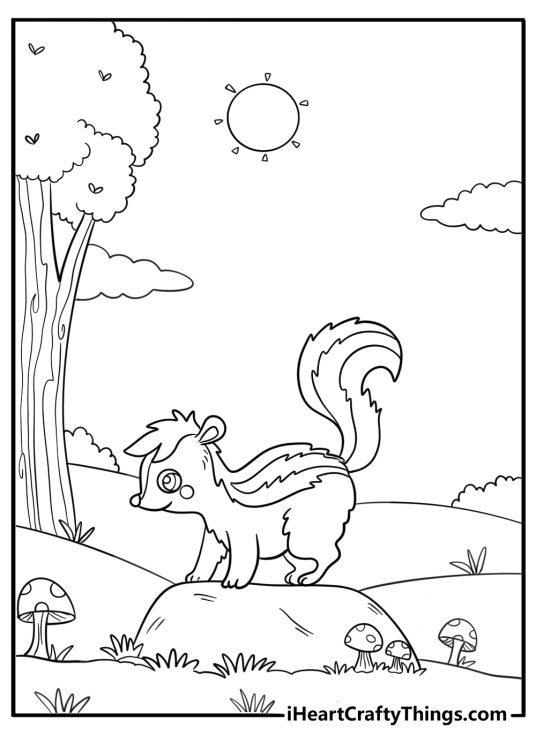 Skunk with mushrooms in the background easy coloring sheet