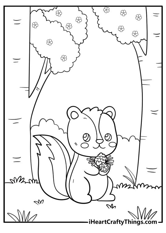 Skunk with pinecones and leaves around coloring sheet
