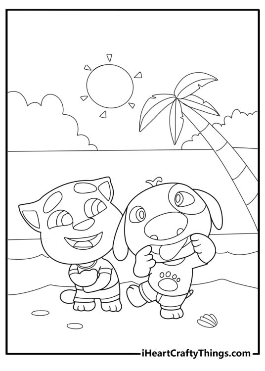 Talking Tom and hank together on the beach coloring sheet
