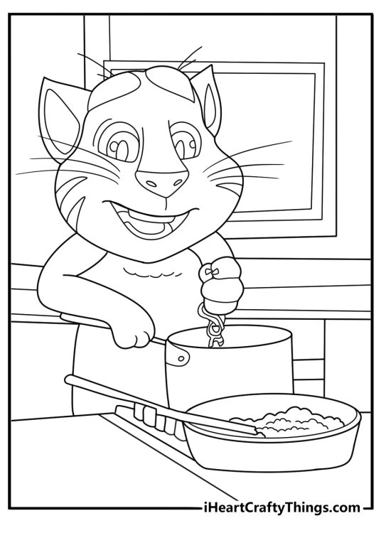 Talking Tom cooking in the kitchen easy coloring page