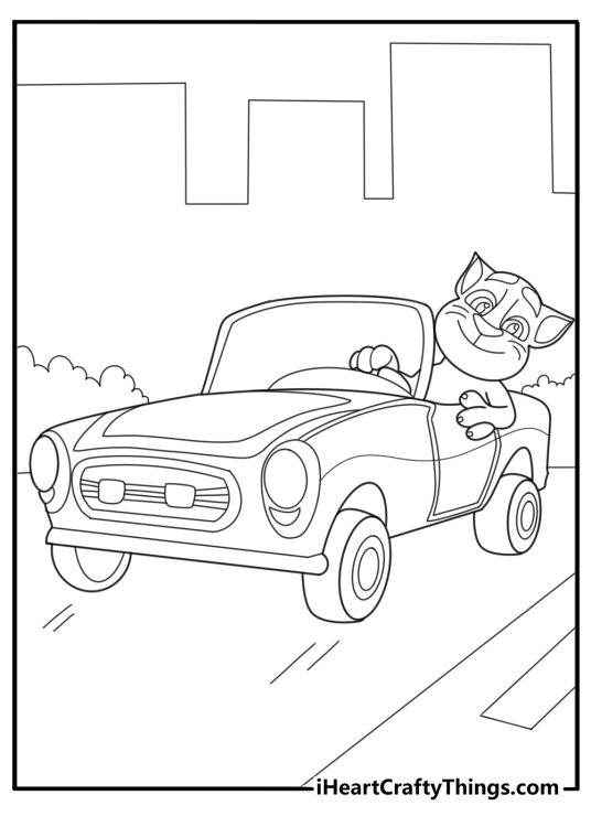 Talking Tom driving a car city background coloring page