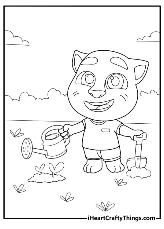 Talking Tom gardening in the backyard easy coloring page