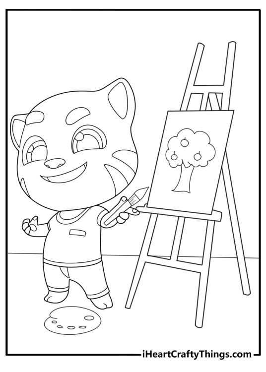 Talking Tom painting on an easel creative coloring page