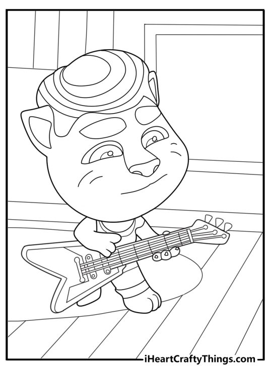 Talking Tom playing guitar fun coloring sheet for kids
