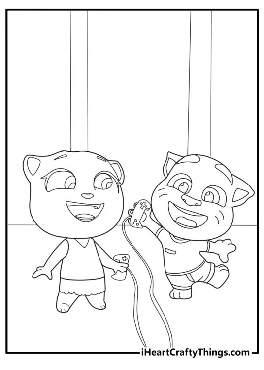 Talking Tom playing video games with angela coloring sheet
