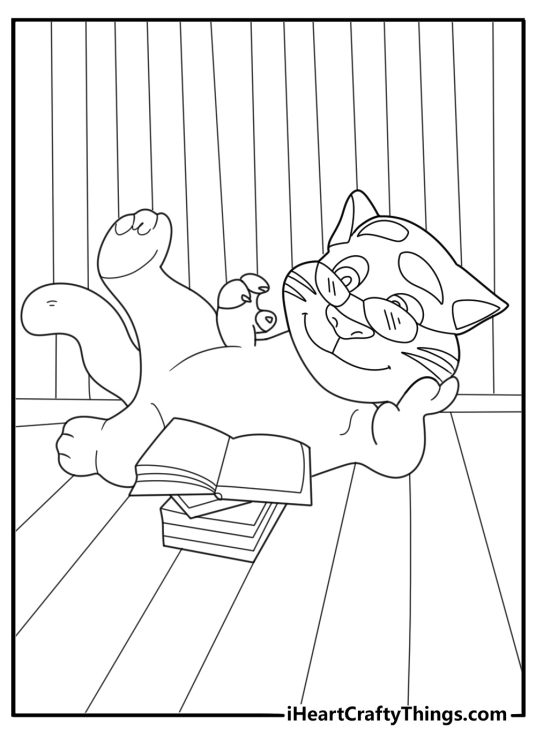 Talking Tom reading a book relaxing coloring page
