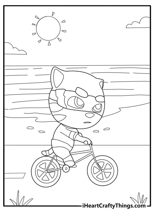 Talking Tom riding a bicycle summer scene coloring page