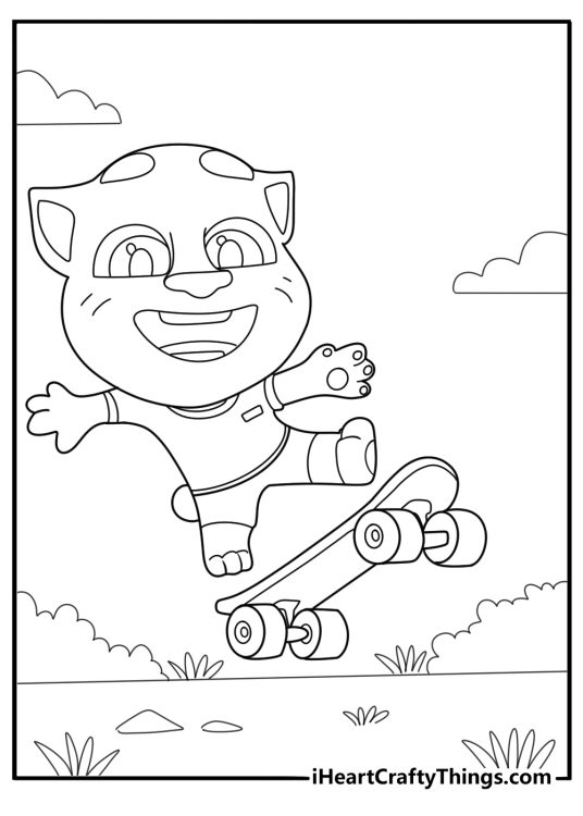 Talking Tom roller skating in the park cartoon coloring sheet