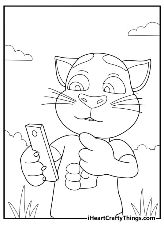Talking Tom talking on the phone cartoon coloring sheet