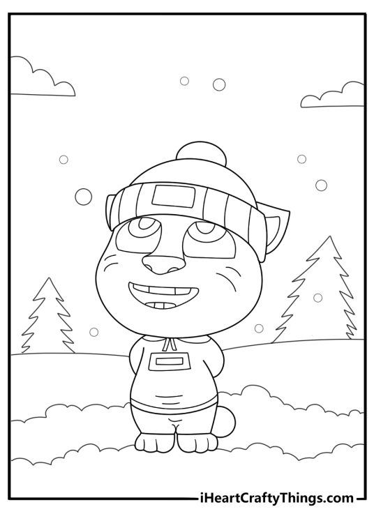 Talking Tom wearing winter clothes snow background coloring sheet