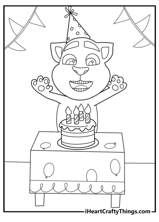 Talking Tom with a birthday cake party scene coloring sheet