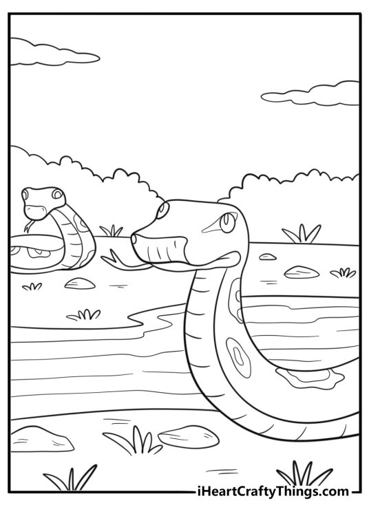 Two anacondas in a riverbank scene coloring page