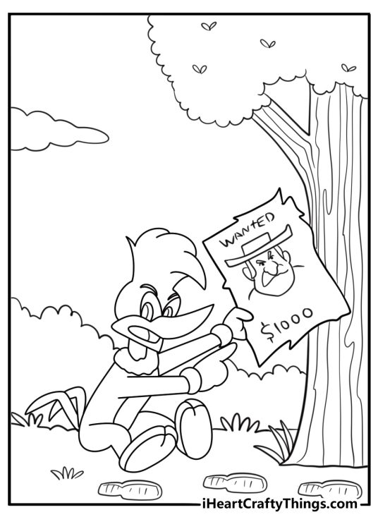 Woody woodpecker chasing after a thief funny cartoon coloring sheet