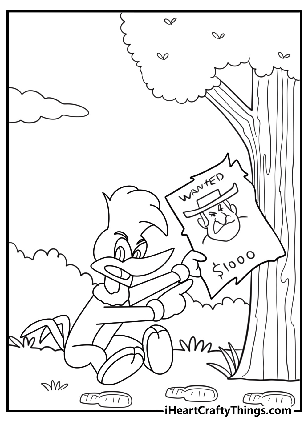 woody woodpecker chasing after a thief funny cartoon coloring sheet